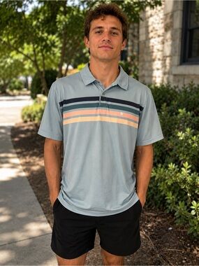 Jetty Light Blue Stripe Performance Polo Size Small